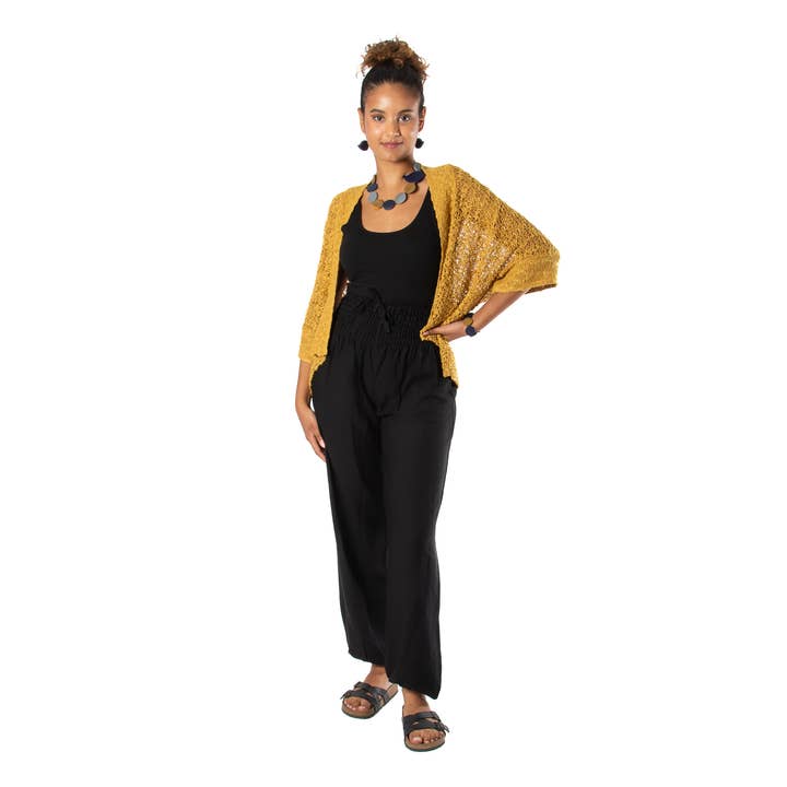 Popcorn Knit Short Sleeve Cardigan - Mustard for wholesale by Suzie Blue Canada