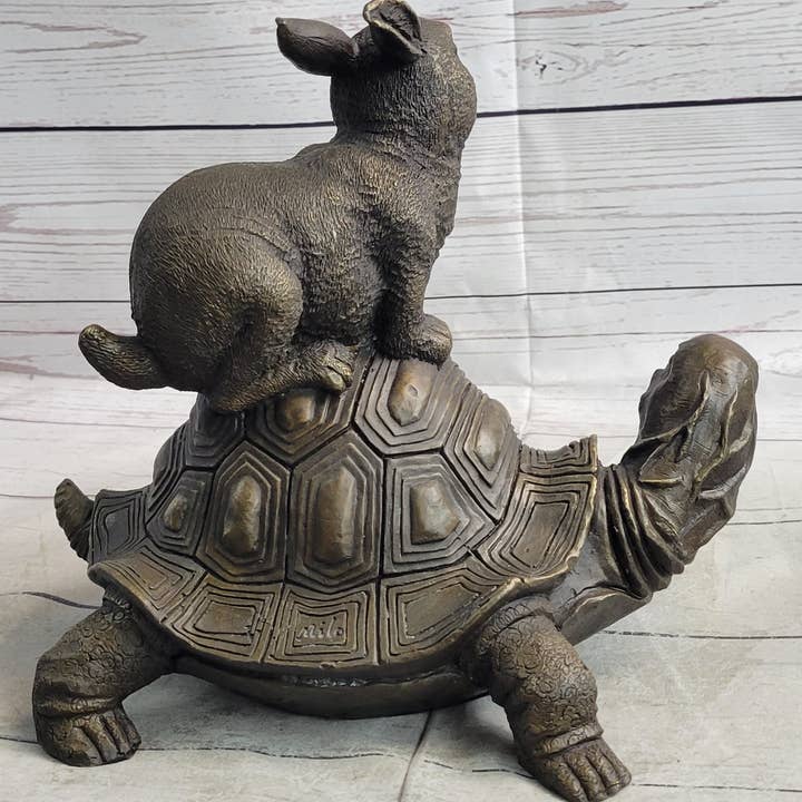 Bronzhaus - Wholesale Sculpture - Tortoise and the Hare Aesop Fable Bronze Sculpture Figurine Statue Collectible Decor Signed Original Art