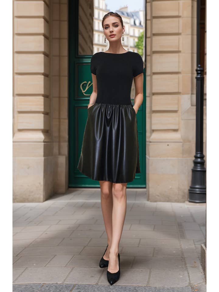 ELLE CAP SLEEVE DRESS (BLACK VEGAN  LEATHER) - VD3444PU for wholesale on Faire0