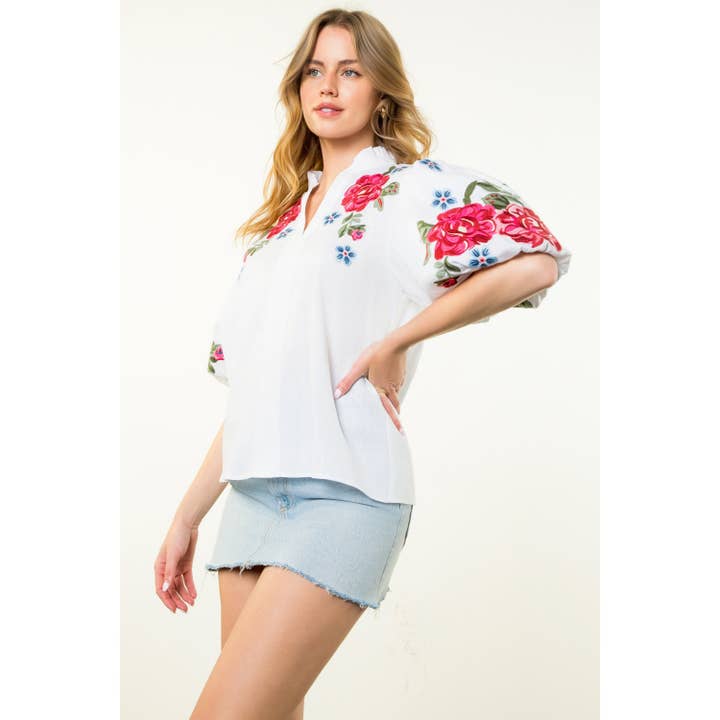 Flower Embroidered Puff Sleeve Top for wholesale by THML