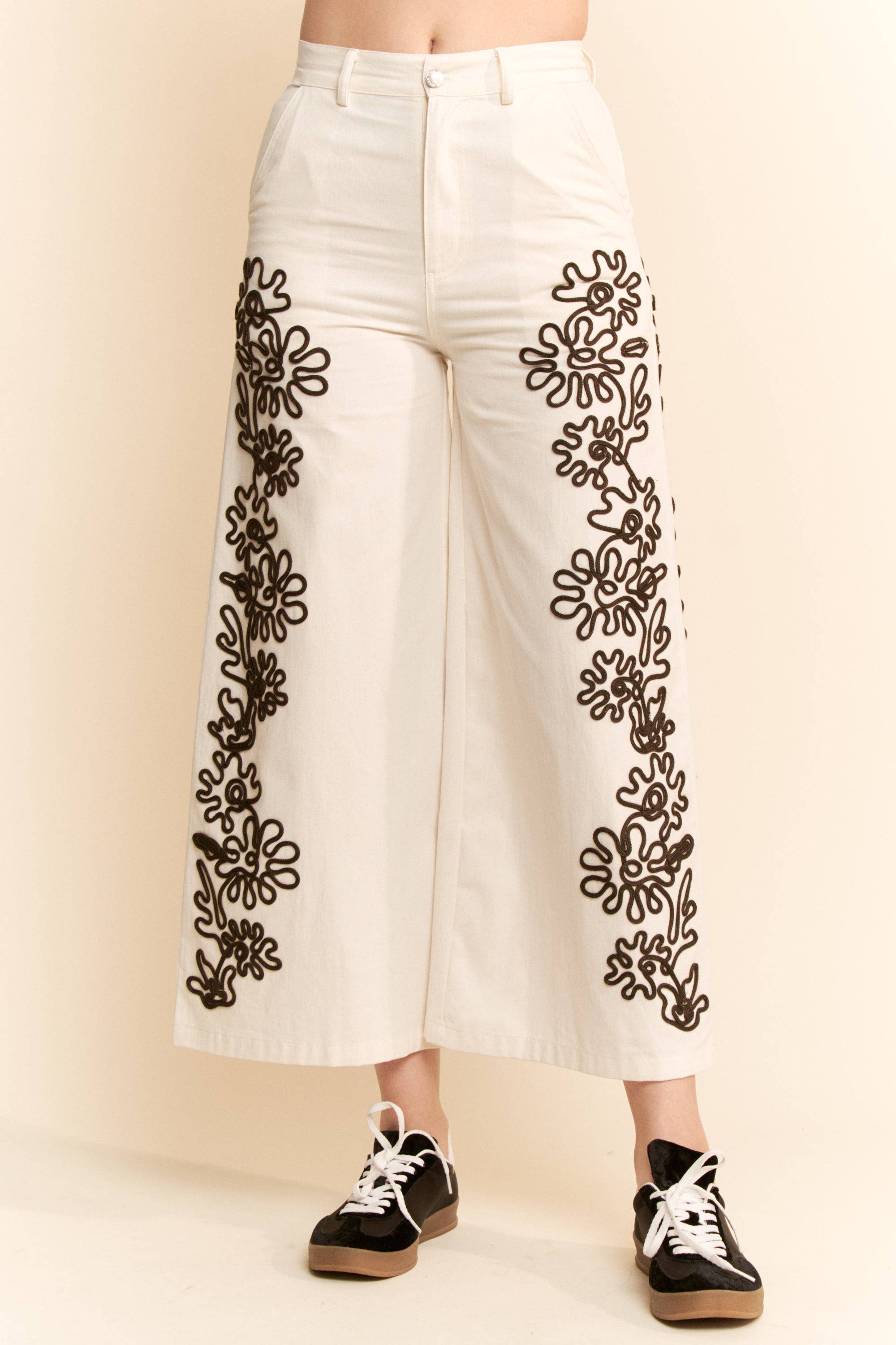LINEN CORD FLORAL EMBROIDERED SIDE ELASTIC BACK PANTS for wholesale on Faire3