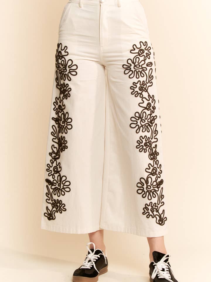 LINEN CORD FLORAL EMBROIDERED SIDE ELASTIC BACK PANTS for wholesale on Faire3