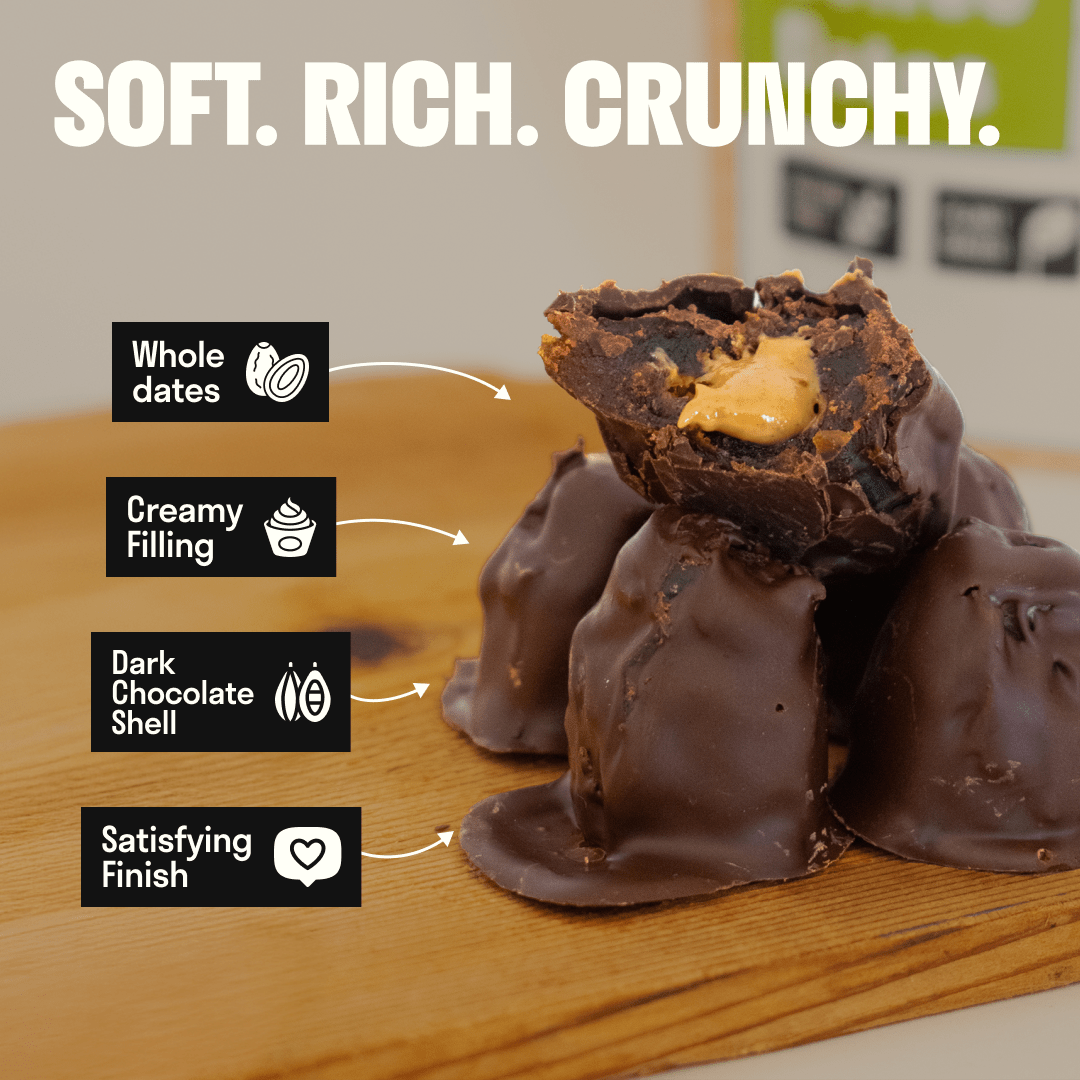 Hot Date Kitchen - Vendita all'ingrosso Dolci ricoperti di cioccolato - Dattero Medjool della California ricoperto di cioccolato: ripieno di burro di semi di girasole + espresso biologico (3 per confezione)1