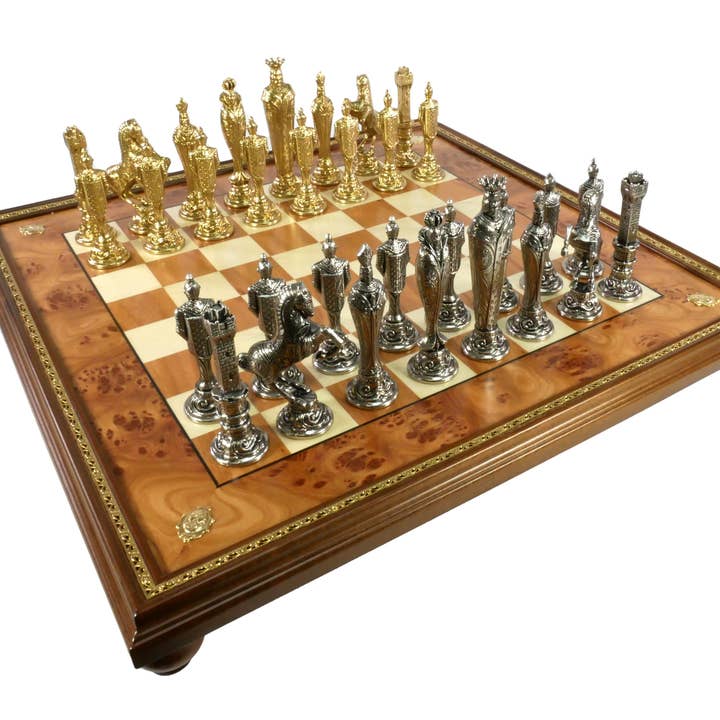 Chess Set - Renaissance Metal Men on Gold Trim Chess Board for wholesale by WorldWise Imports