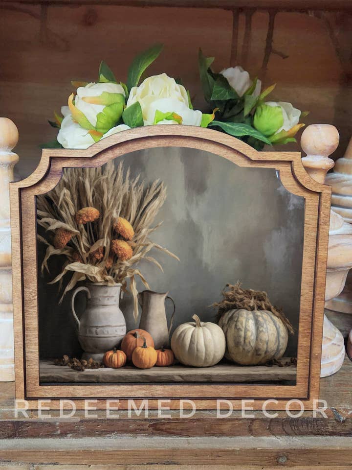 Provinzieller Herbsttisch gerahmte Kunst für den Großhandel von Redeemed Decor