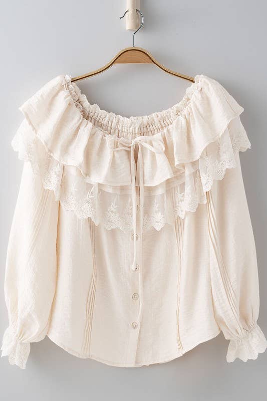 Urban Daizy - Wholesale Blouse - Women's - Lace Trim Ruffle Tie Neck Spring Blouse Top1