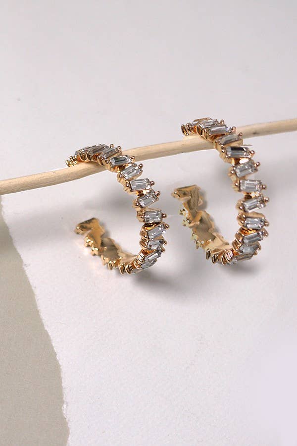GOLD BAGUETTE RHINESTONE HOOP EARRINGS | 40E414 for wholesale on Faire2