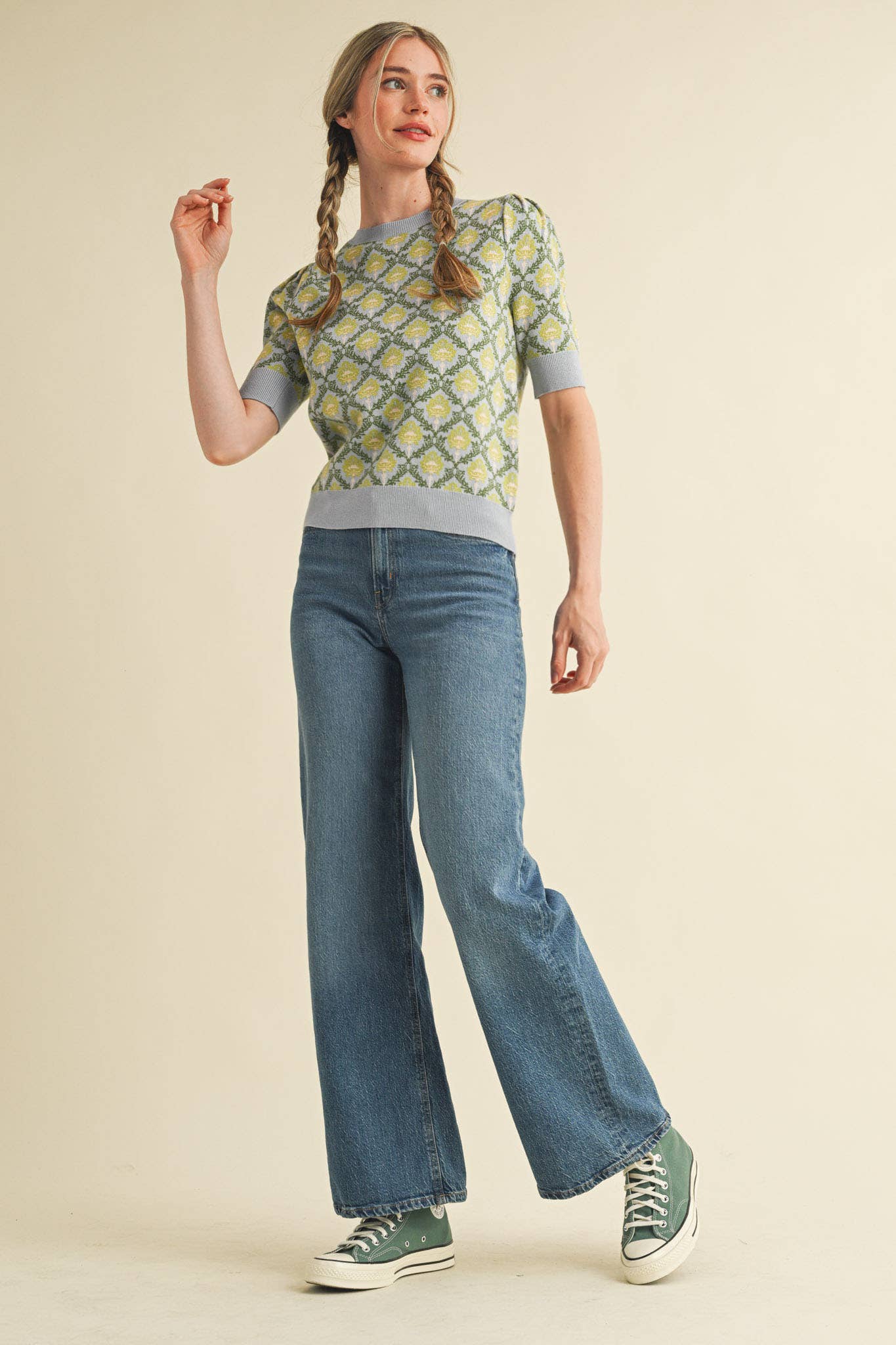 &MERCI - Wholesale Knit Sweater - Women's - FLORAL PATTERN SHORT SLEEVE SWEATER MSW1086036