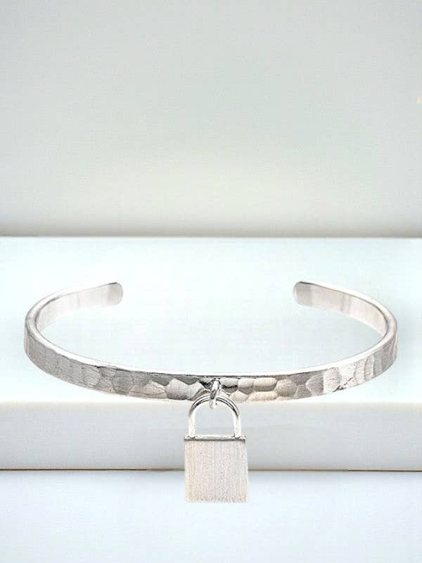 LOCK CHARM HAMMERED CUFF BRACELET for wholesale by Andrea Bijoux