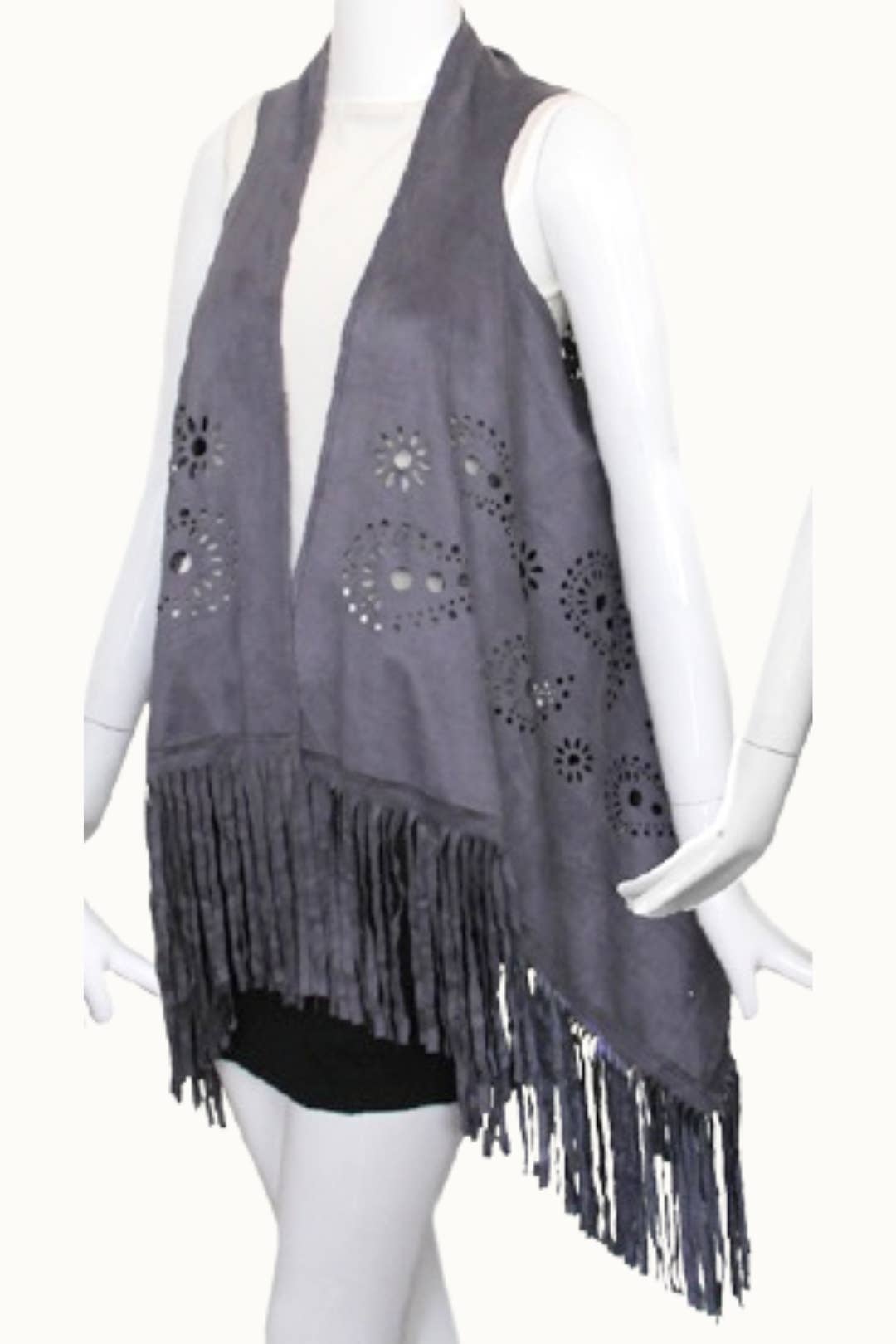 Olive & Pique - Venta al por mayor Chaleco de punto - Mujer - Chaleco vegano de gamuza con borlas y detalles recortados0