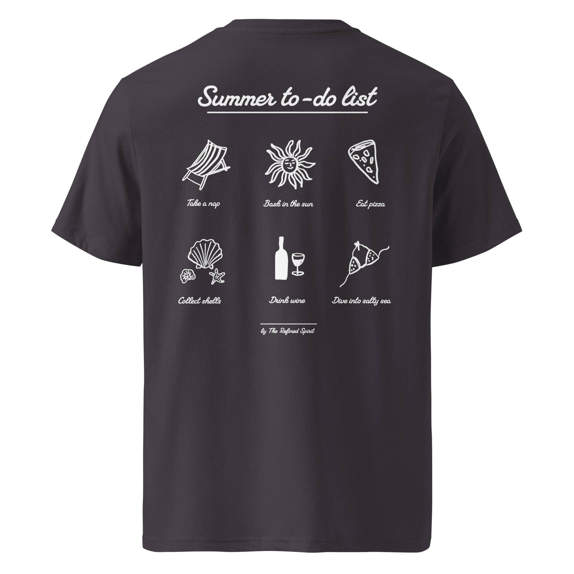 The Refined Spirit - Vendita all'ingrosso Maglietta serigrafata - Unisex - Lista delle cose da fare in estate - T-shirt biologica6