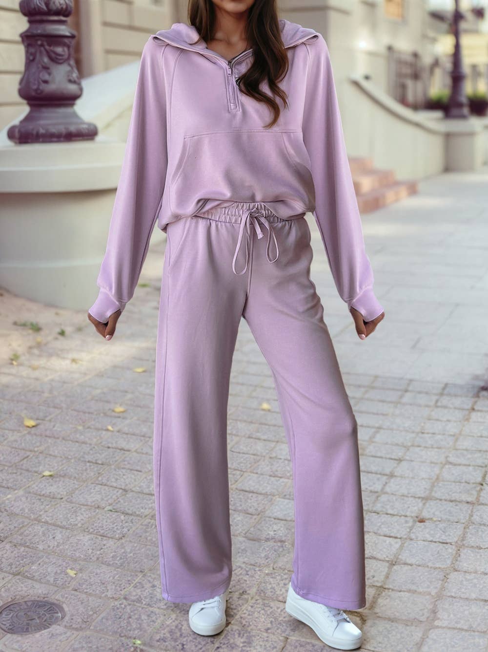 1 the Woman - Wholesale Top & Pant Set (NOT Loungewear) - Women's - Half Zip Thumbhole Sleeve Hoodie Active Pants 2pcs Outfit1