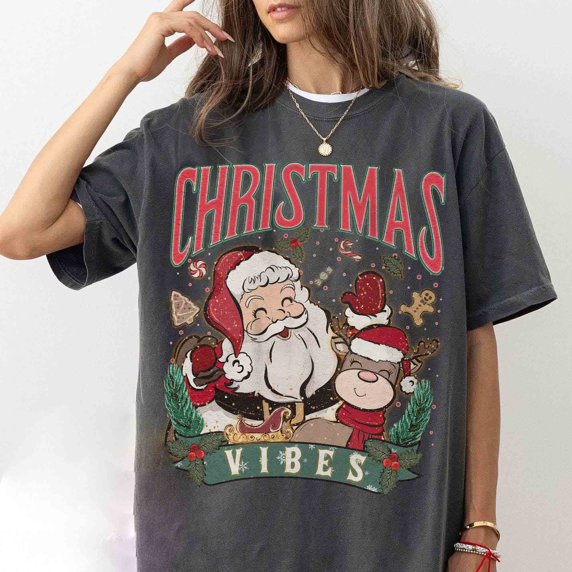 NVC Ecommerce LLC - Wholesale T-Shirt (Graphic) - Women's - Retro Christmas Vibes Shirt, Cute Christmas Shirt0