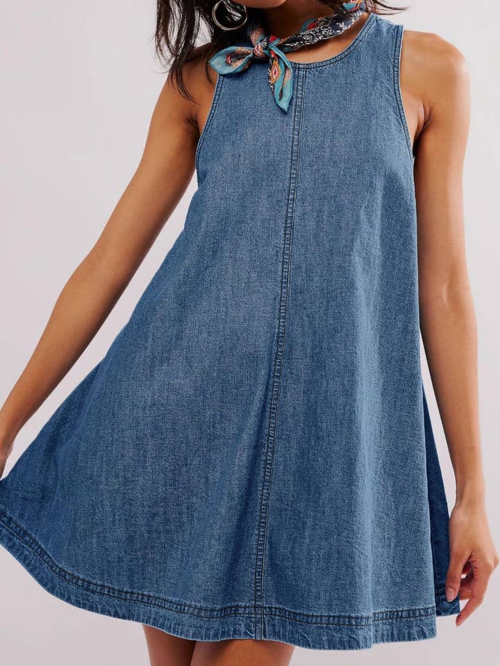 Dipped Shop - Wholesale Dress - Women's - Denim Round Neck Sleeveless Mini Dress DP25A531