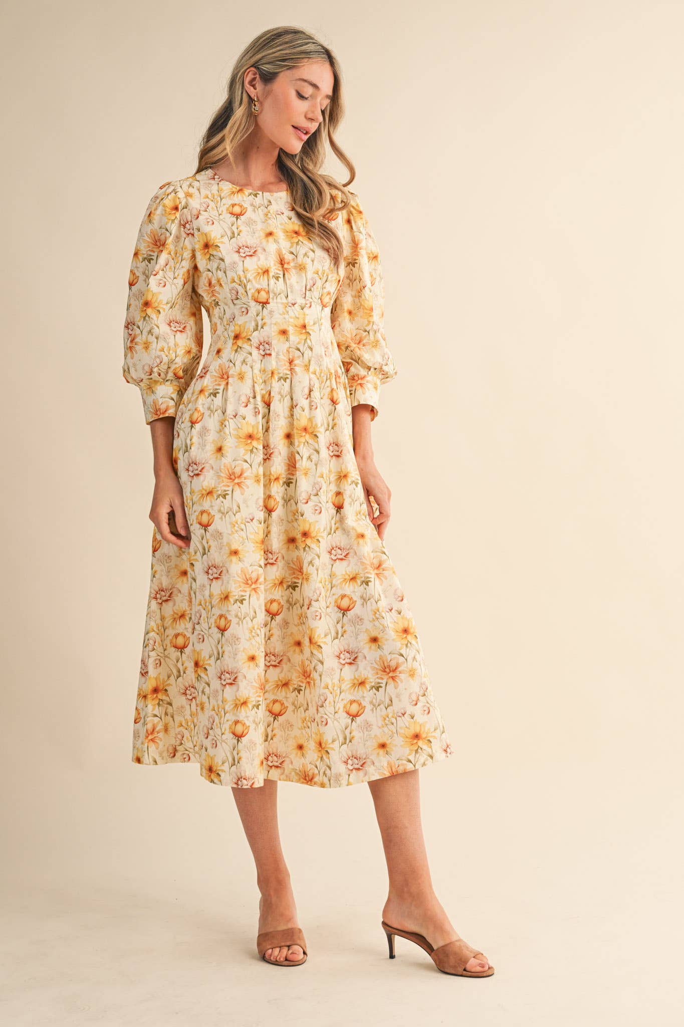 &MERCI - Wholesale Dress - Women's - FLORAL PRINT PLEATED WAIST MIDI DRESS MDR44775