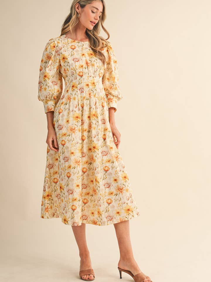 &MERCI - Wholesale Dress - Women's - FLORAL PRINT PLEATED WAIST MIDI DRESS MDR44775