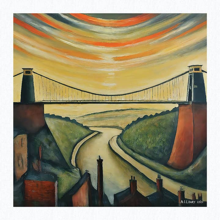 Clifton Suspension Bridge - Giclée Art Print 21cm Square. Superb Image in the Style Of LS Lowry for wholesale by AI Lowry