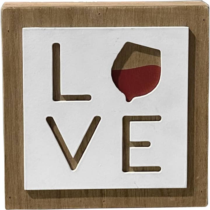 Cartello in legno Love Box con vino rosso, cartello a blocchi di legno per la vendita all'ingrosso da parte di Paris Loft Inc