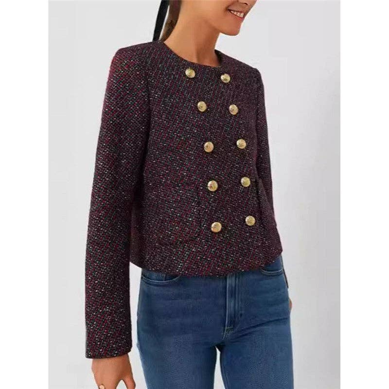 FurDecoration - Wholesale Jacket - Women's - Solid Color Round Collar Double Breasted Tweed Jacket3