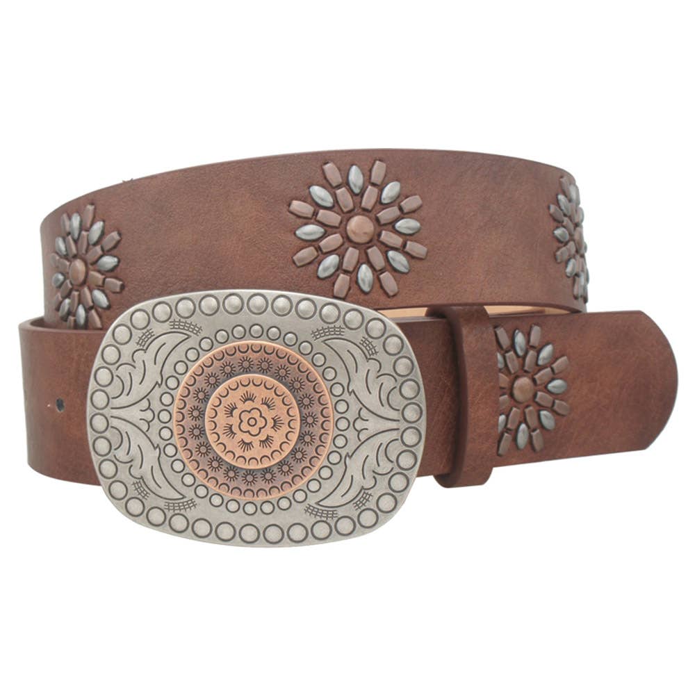 DKBRN 2 TONE BOHO BUCKLE   STUD STRAP BELT, IW 380692T for wholesale on Faire0