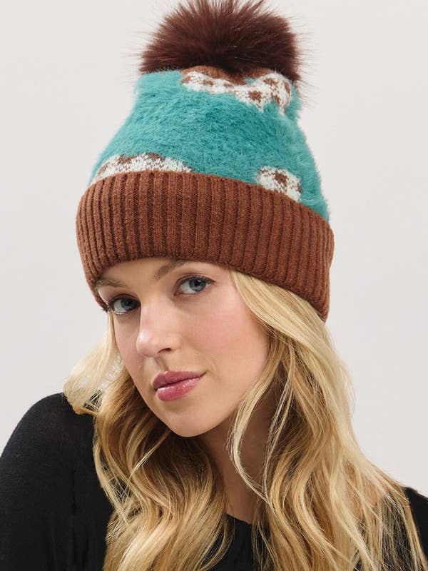 Gorro com Padrão de Xadrez, Pêlo Misturado e Pom Pom por atacado de Shop Neighbors