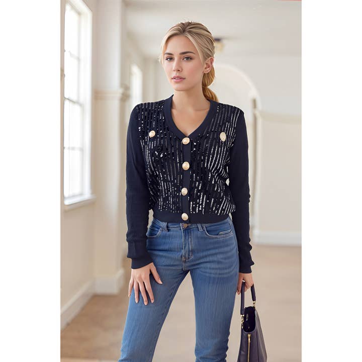 X9896CT Sequin Knit Cardigan with Gold Buttons for wholesale by XHHH Inc