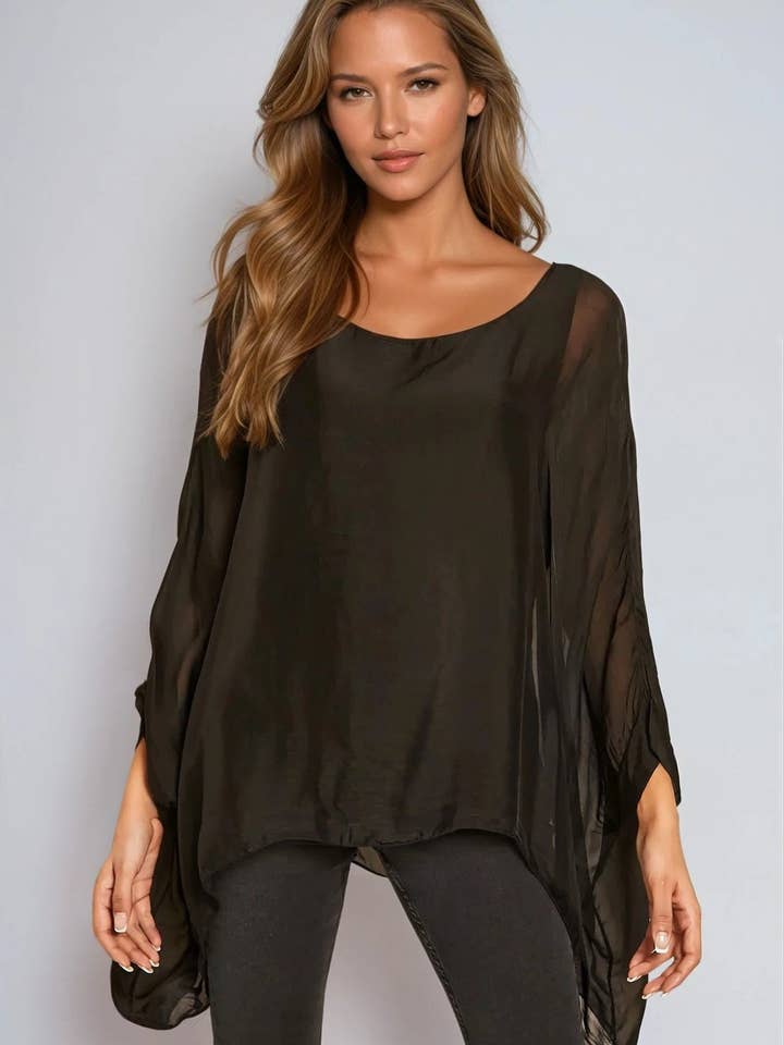 Blouse en soie noire à manches chauve-souris et col rond pour la vente par Aftershock London