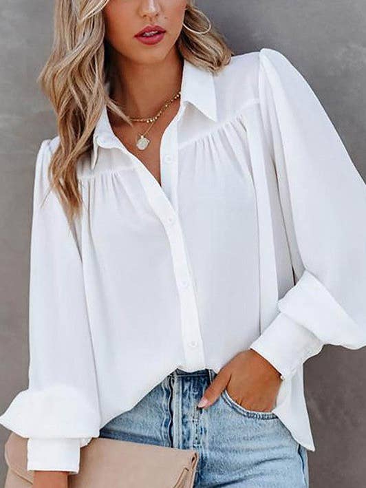 Aria Romance - Wholesale Blouse - Women's - Lantern Sleeve Pleated Collar Shirt15