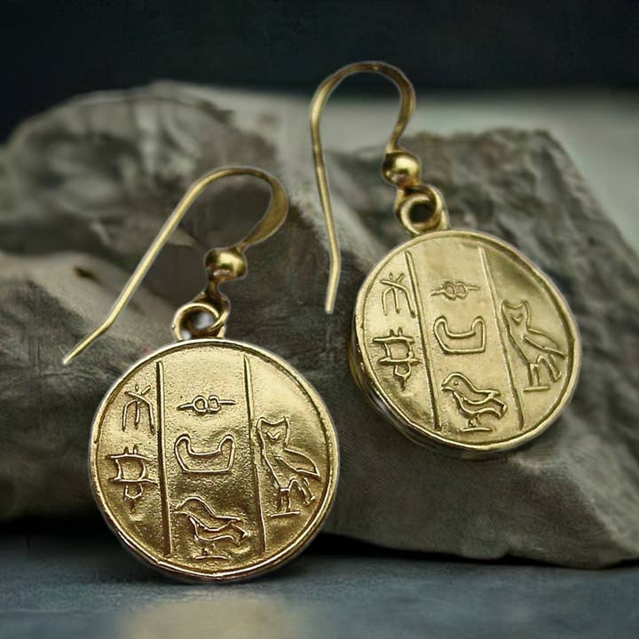 Egyptian Hieroglyphics Cartouche Earrings - Wisdom for wholesale by Vis a Vis Jewelry