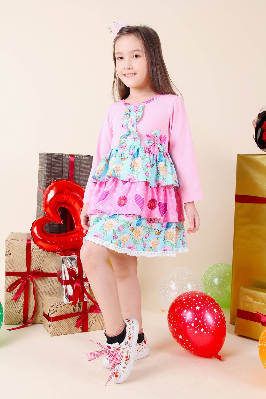 Angeline Kids - Wholesale Top & Leggings Set - Kids - Baby Toddler Little Girls Valentines Day Spring Floral Heart Tiered Leggings Set - Pink4