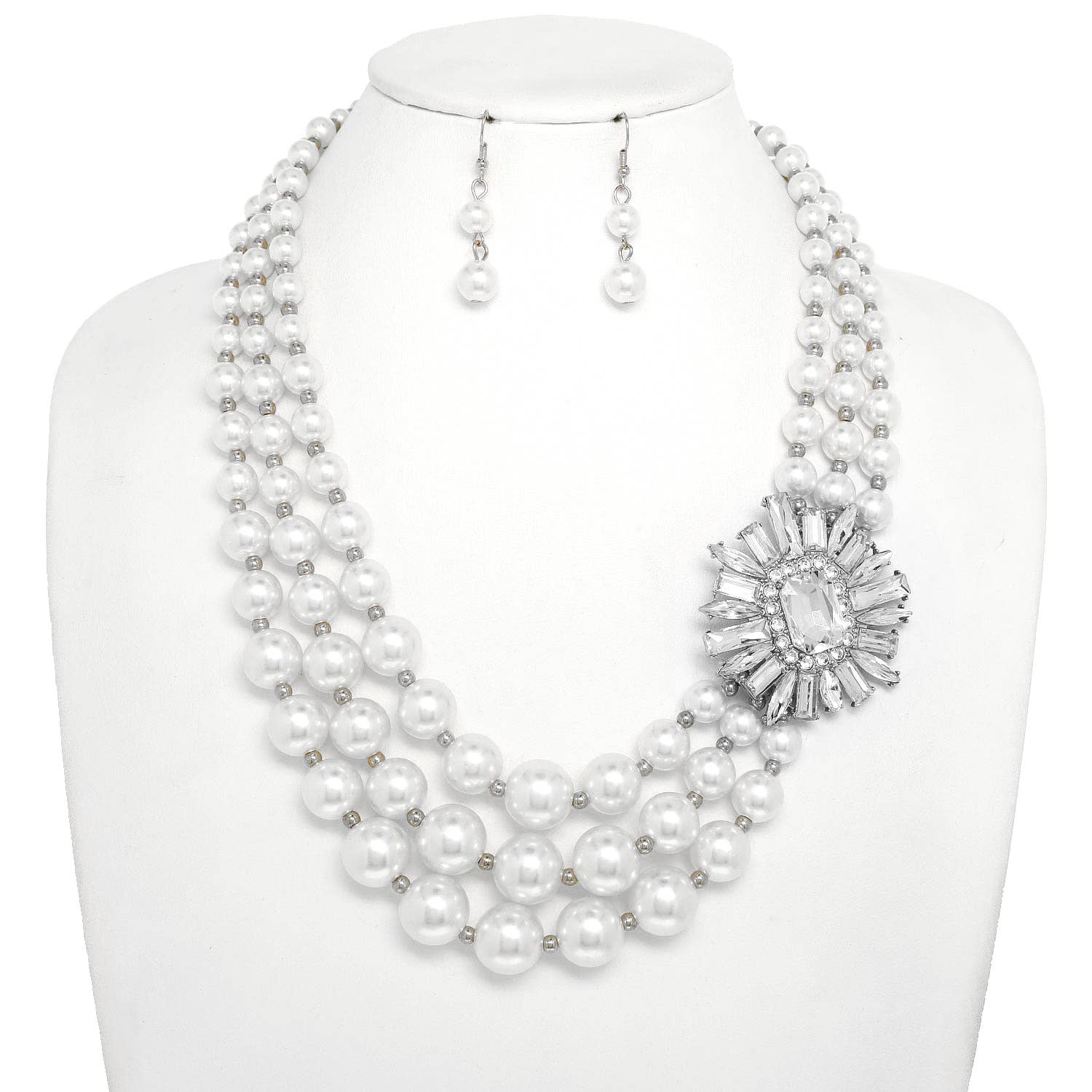 SP Sophia Collection - Wholesale Jewelry Set - 3 Line Gemstone Floral Brooch Pearl Pearl Necklace Set3