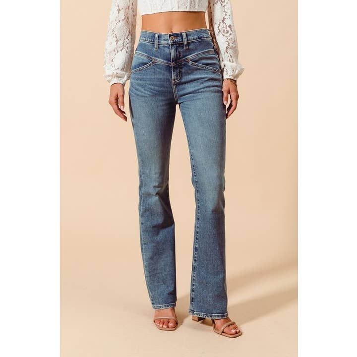 DENIM MID RISE YOKE CUT FLARE BOTTOM LONG LENGTH JEANS for wholesale on Faire