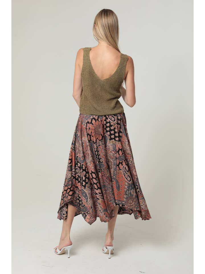ANGIE - Wholesale Skirt - Women's - B6854-W909 HANKY HEM PRINTED MAXI SKIRT