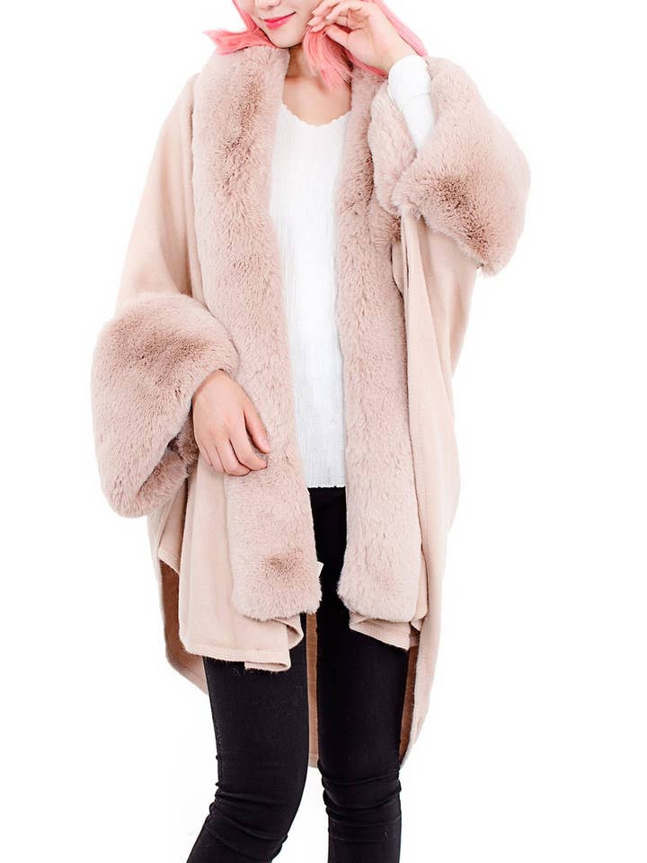 JC082710 Pink Faux-Rabbit-Fur long Collar Handkerchief Hem Cardigan for wholesale by JC Sunny Fashion