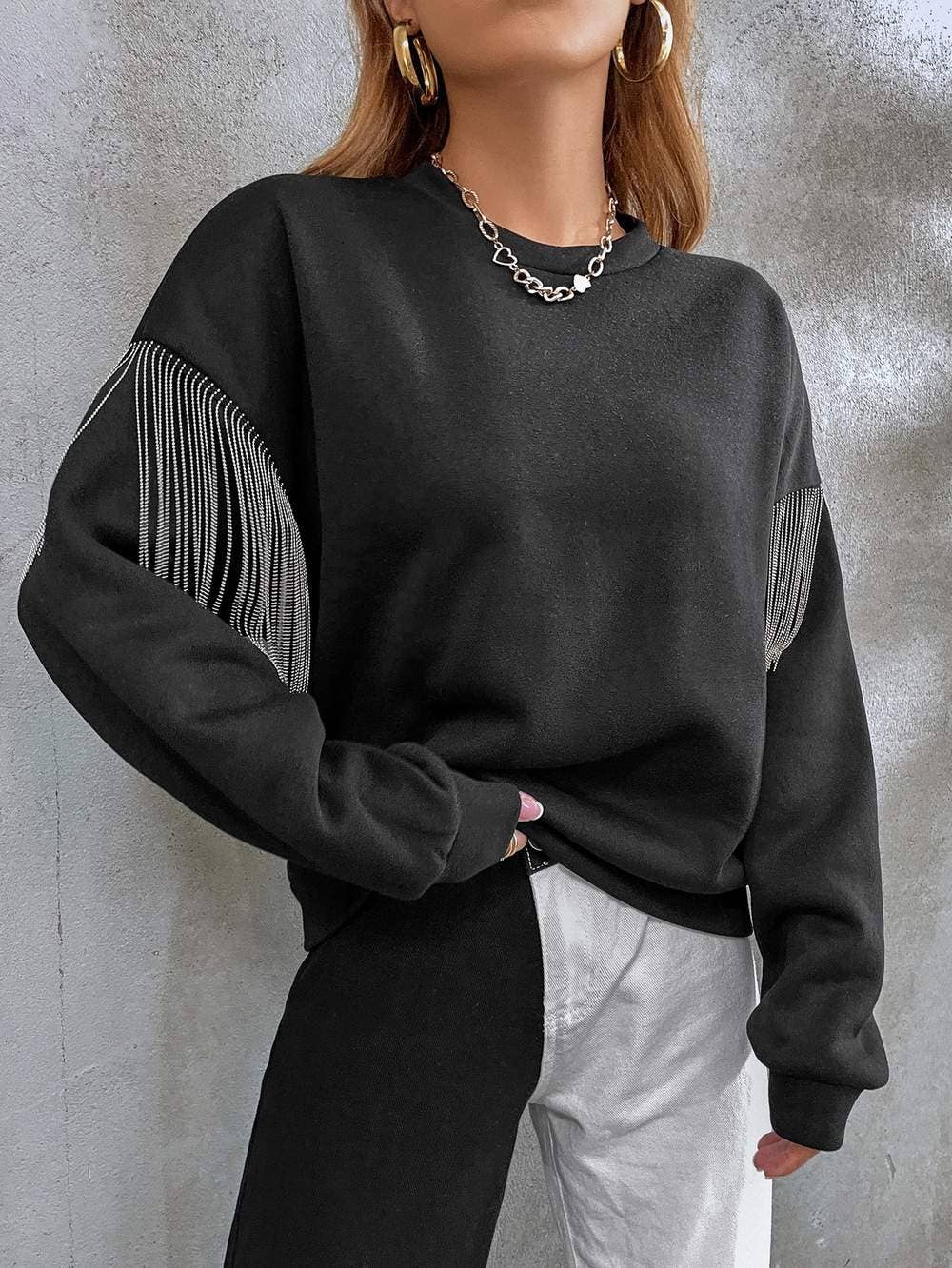 Fashion Combination - Wholesale Blouse - Women's - solid fringe detail drop shoulder sweatshirt3