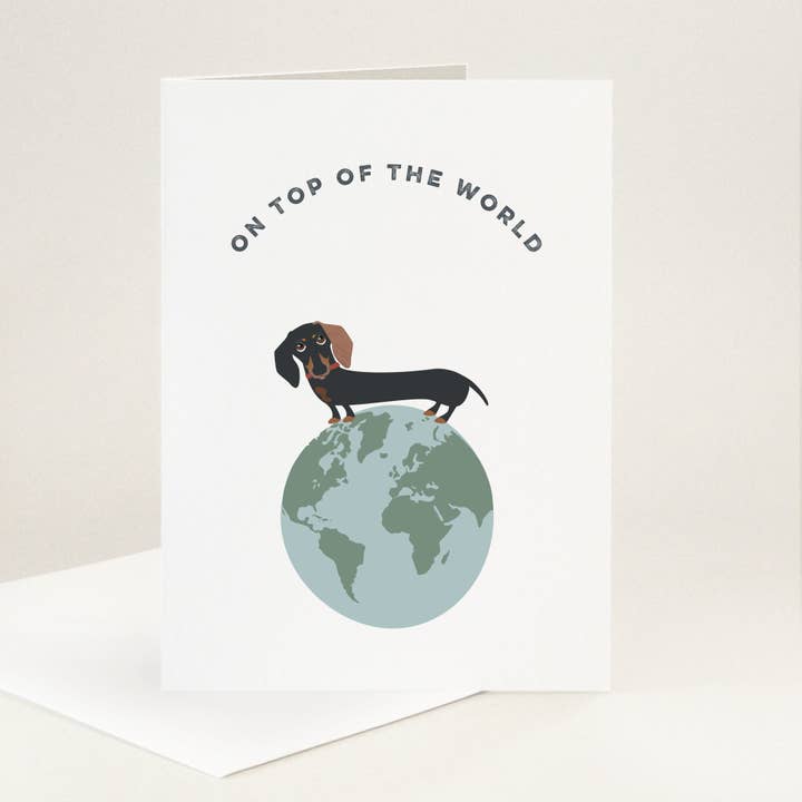 Carte Winston Sausage Dog On Top of the World pour la vente par Yellow Petal