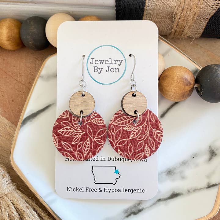 Luna Earrings (Medium): Cranberry w/Cream Leaves for wholesale by Jewelry By Jen