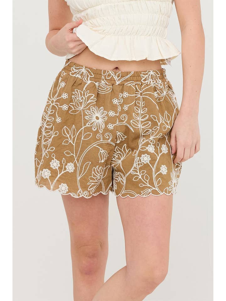 Embroidered Scallop Hem Shorts for wholesale by HYFVE