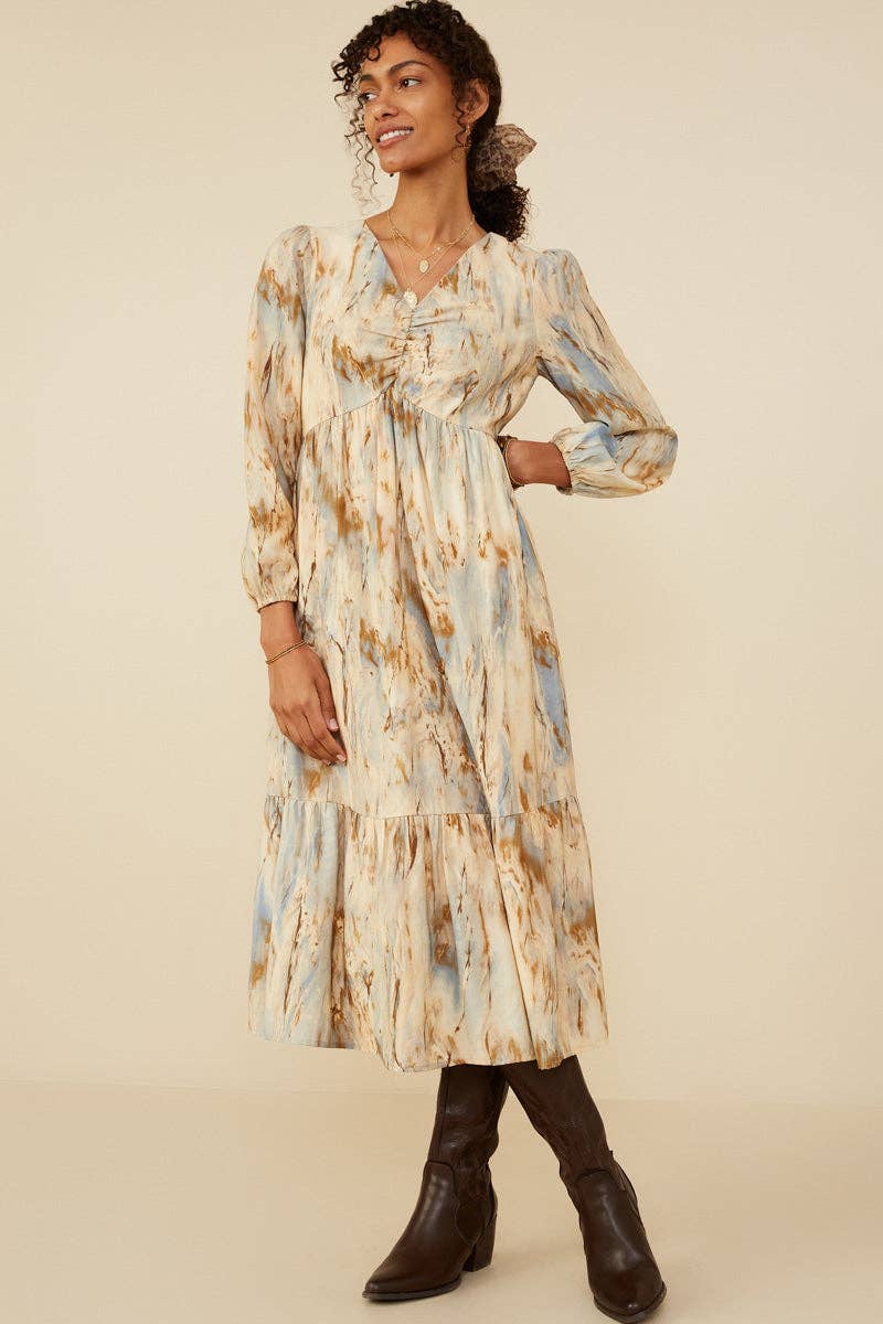 Taupe Womens Oil Print Long Sleeve Gathered Bust Dress for wholesale on Faire6