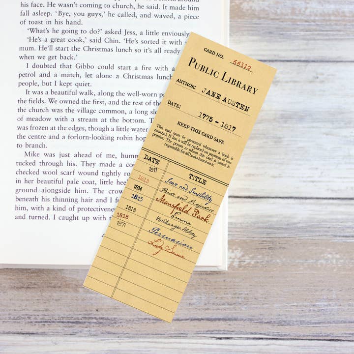 Jane Austen Library Card Bookmark for wholesale by Literary Craft Parlour