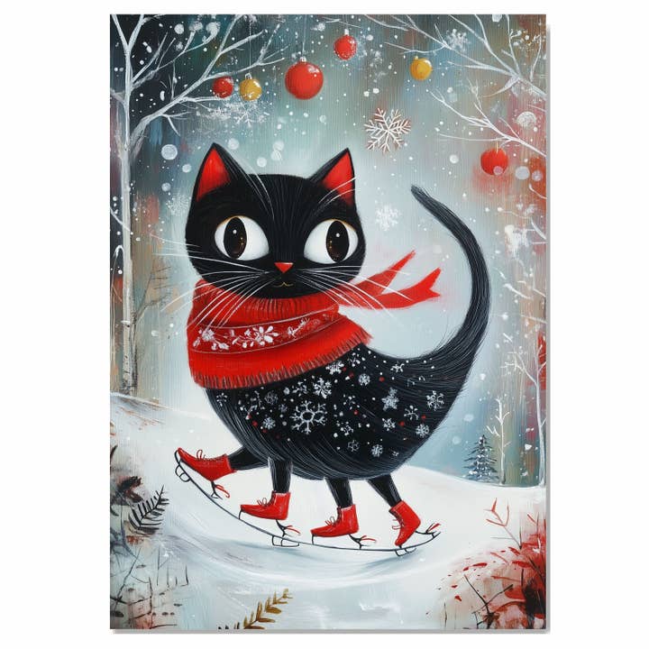Black Cat Skating Red Scarf Boots Snowy Forest Canvas for wholesale by Art Paradise Studios