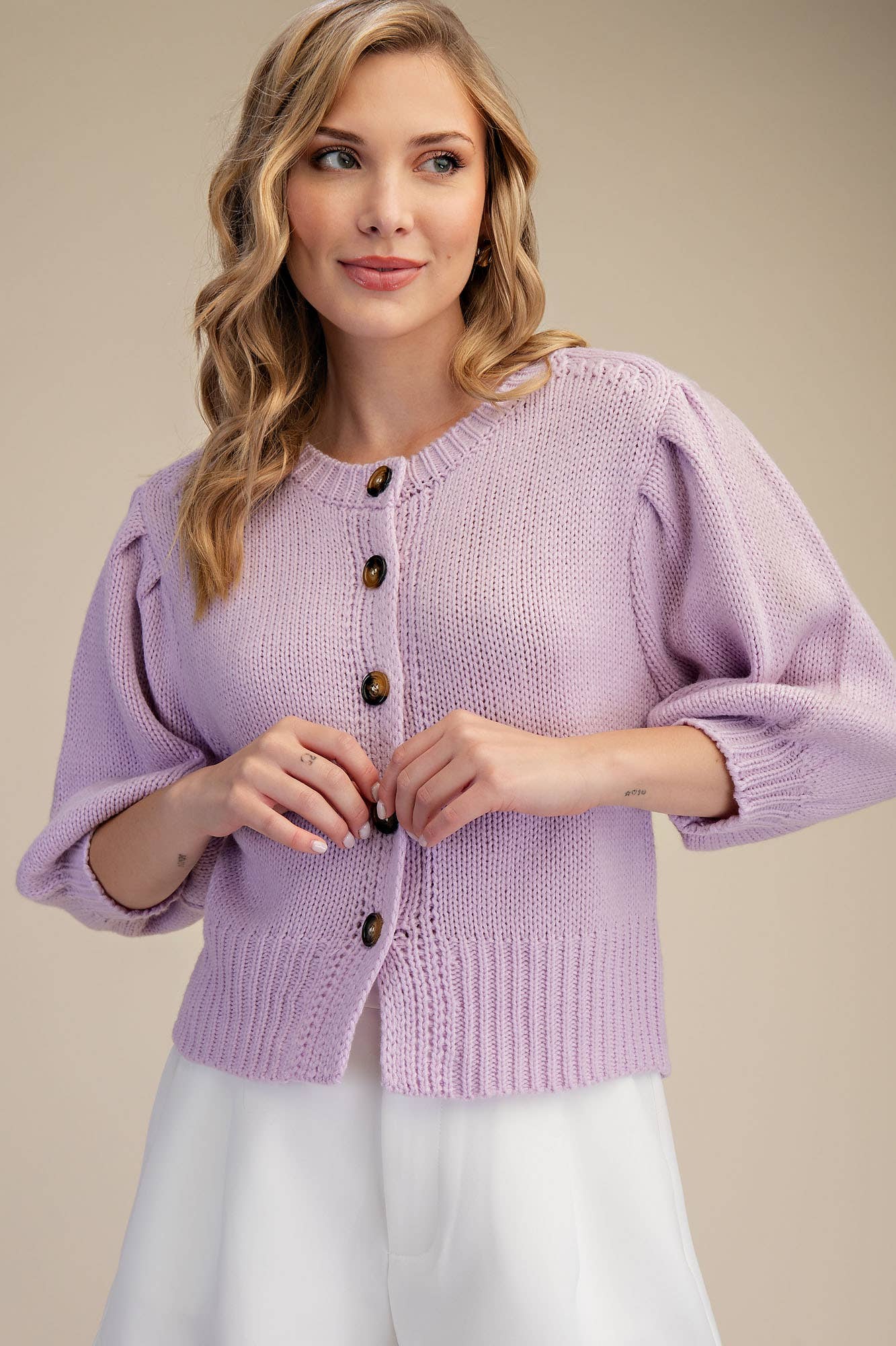 Glam - Wholesale Knit Sweater - Women's - Short Puff Sleeve Button Down Sweater - Reorder Friendly4