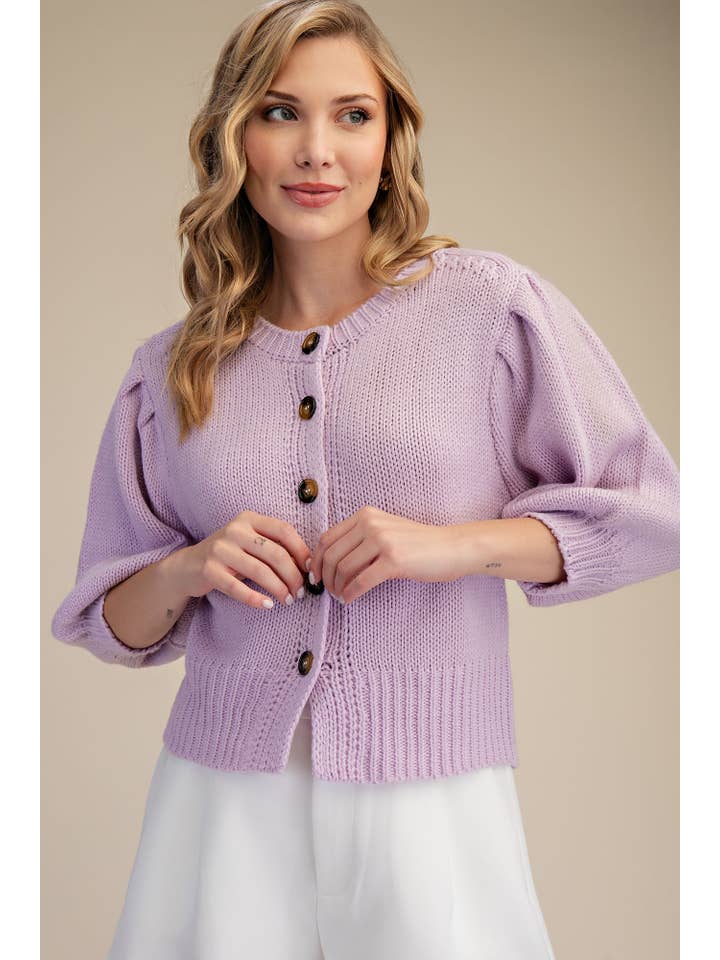 Glam - Wholesale Knit Sweater - Women's - Short Puff Sleeve Button Down Sweater - Reorder Friendly4