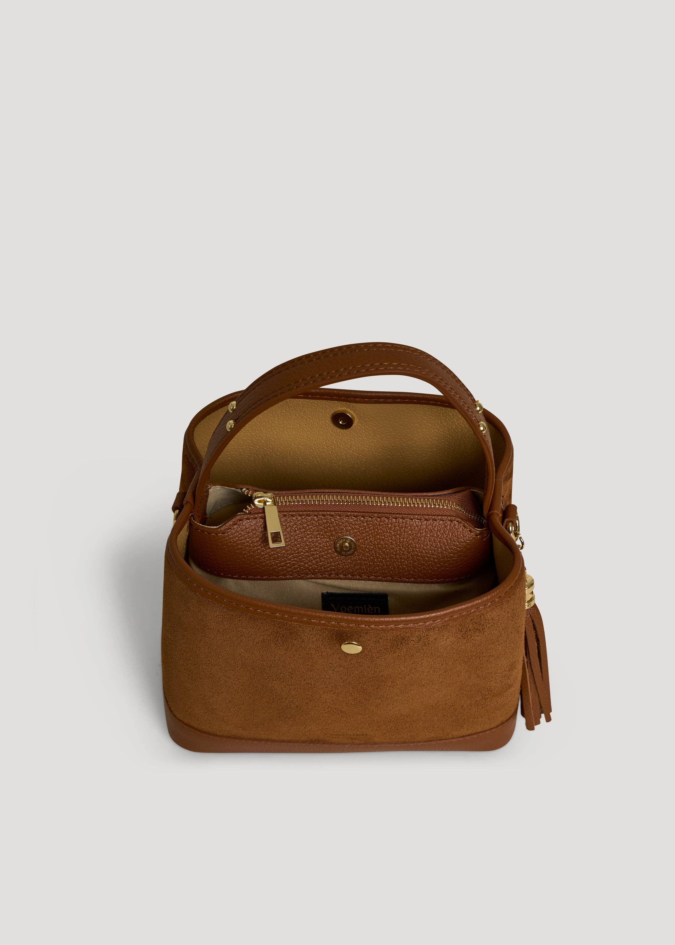 Voemièn – Mala com alça superior – Mulher por atacado – Kendy Bag em Camurça Castanha e Couro Dollar5