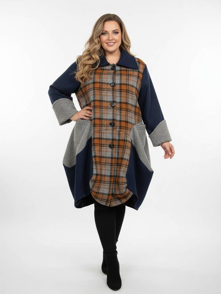 Asymmetrical large size blue wool coat (T2463) for wholesale by Pomme Rouge Paris