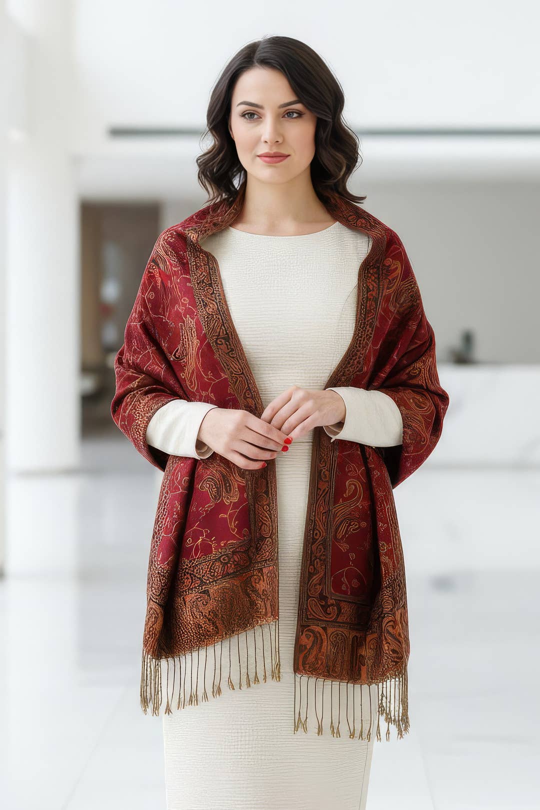 SERENITA - Wholesale Scarf - Women's - Jacquard Line Paisley Pashmina Scarf Reversible Shawl Wrap1