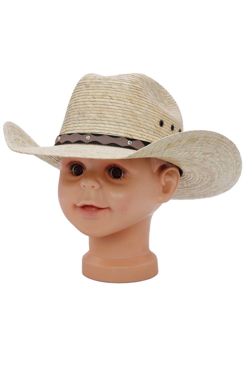 Cap Zone - Wholesale Cowboy Hat - Kids - Kids Eyeleted Cutter Crown Palm Straw Cowboy Hat2