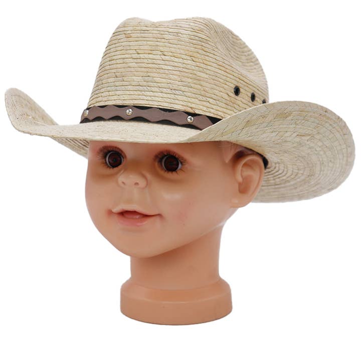 Cap Zone - Wholesale Cowboy Hat - Kids - Kids Eyeleted Cutter Crown Palm Straw Cowboy Hat2