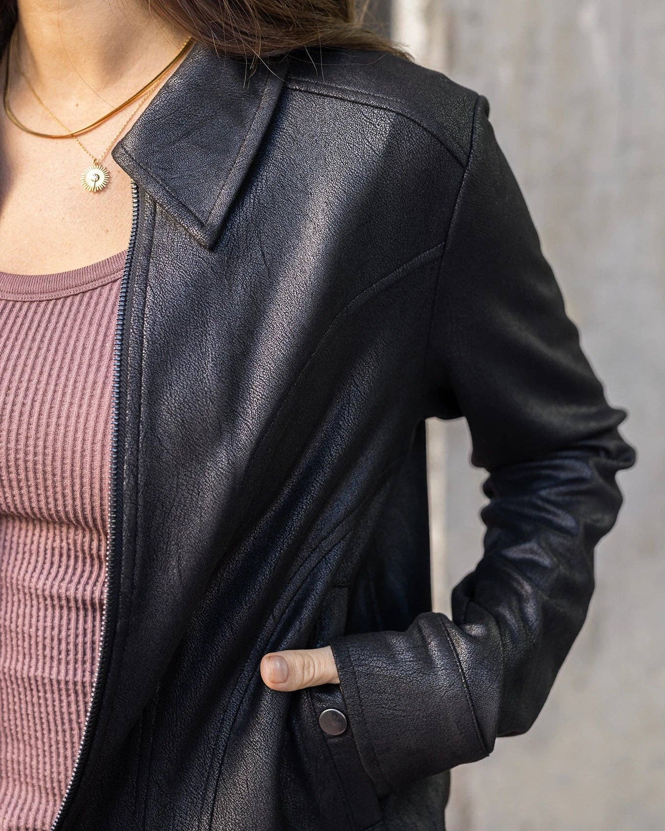 Lightweight Faux Leather Jacket in Black for wholesale on Faire5