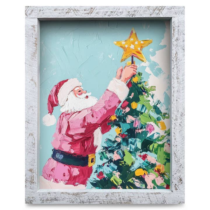 Santa Topping the Tree | Real Wood Framed Wall Art Print for wholesale by Mill Wood Art